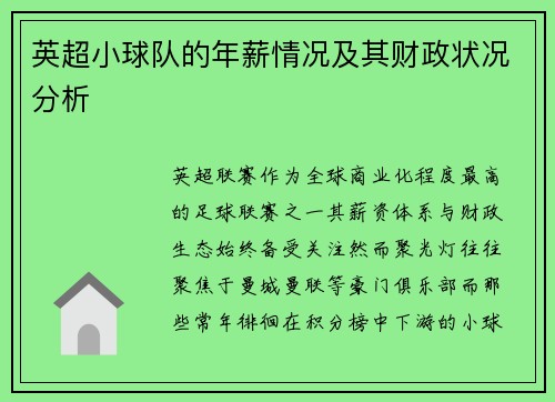 英超小球队的年薪情况及其财政状况分析